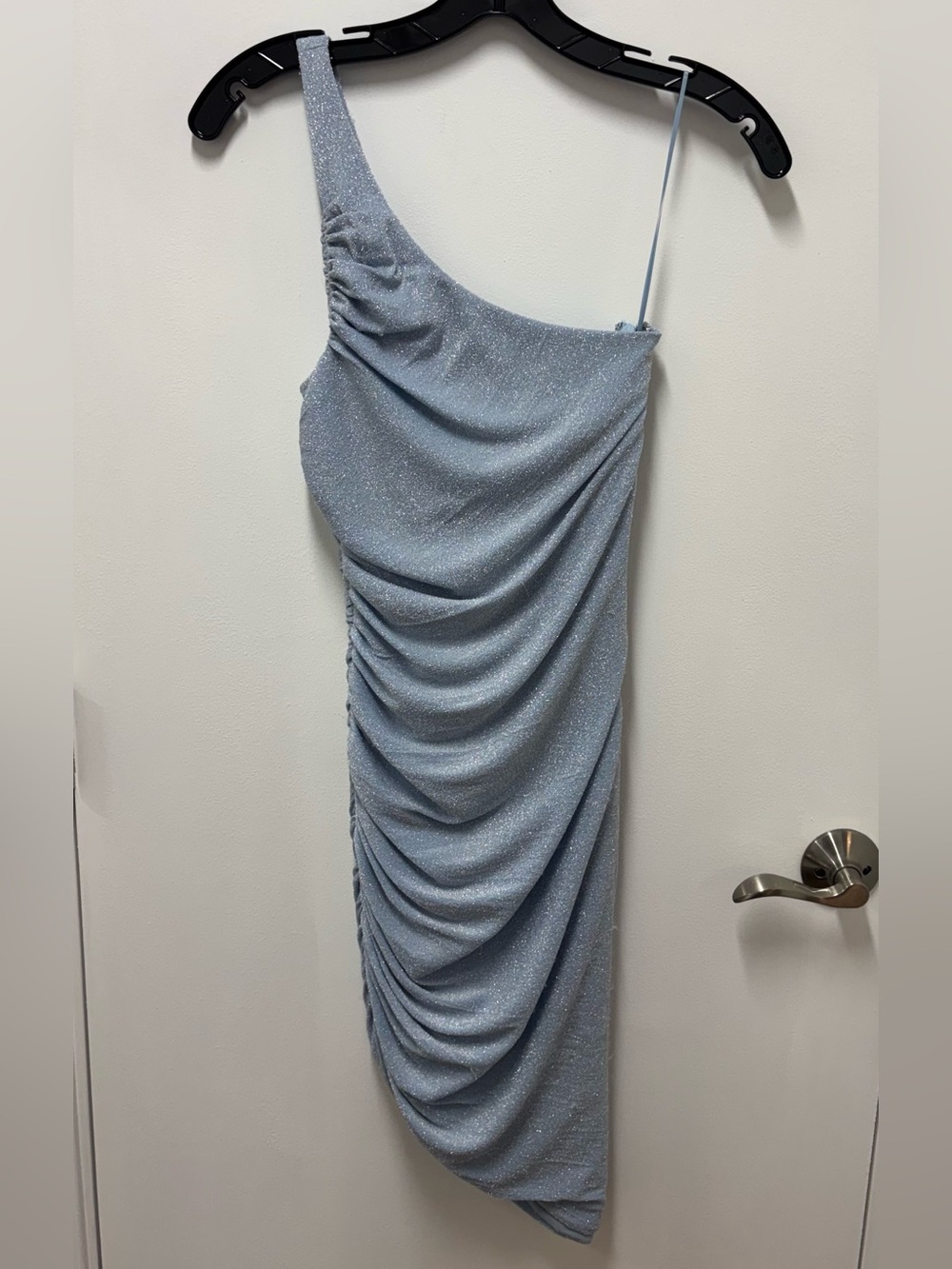Likely One-Shoulder Shimmer Ruched Midi Dress in Light Blue